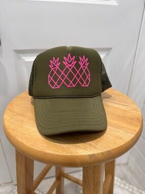 Olive Green Trucker Hat with Pink Pineapple Graphic